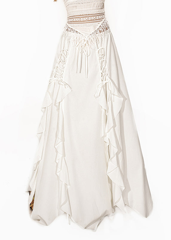Brief White Ruffled Tie Waist Elastic Waist Maxi Skirt