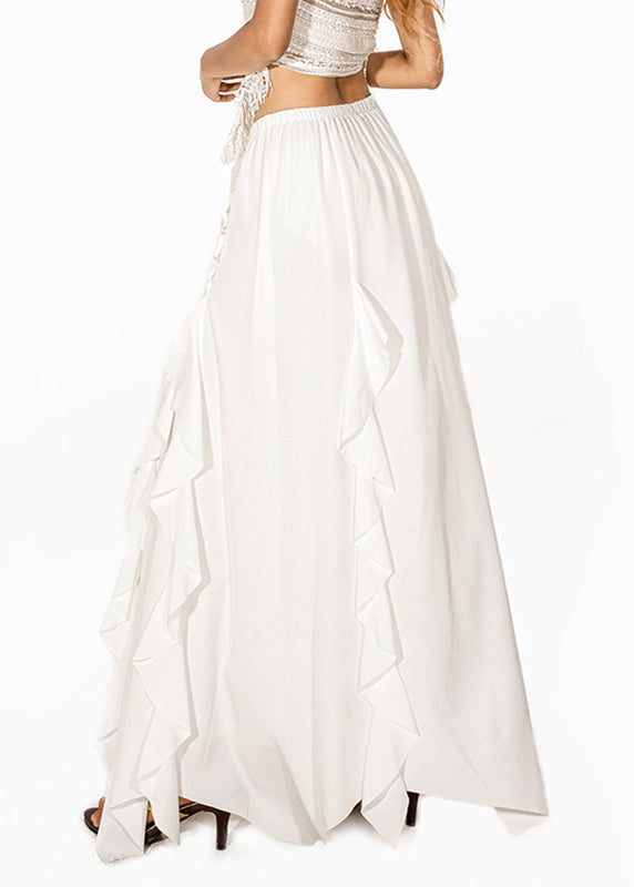 Brief White Ruffled Tie Waist Elastic Waist Maxi Skirt