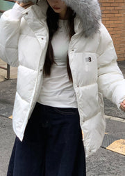 Brief White Stand Collar Hooded Parka Winter