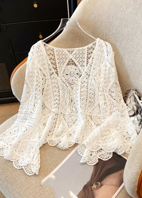 Brief White V Neck Hollow Out Lace Shirt Spring
