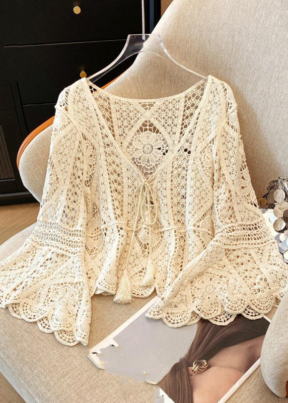 Brief White V Neck Hollow Out Lace Shirt Spring