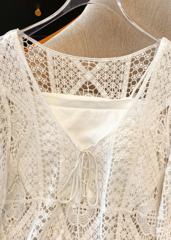 Brief White V Neck Hollow Out Lace Shirt Spring