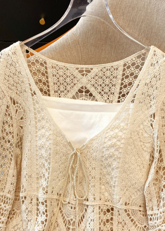 Brief White V Neck Hollow Out Lace Shirt Spring