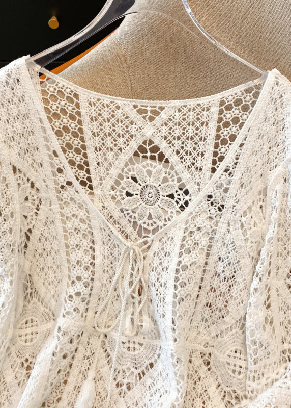 Brief White V Neck Hollow Out Lace Shirt Spring