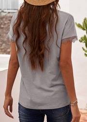 Brief White V Neck Lace Patchwork Solid T Shirt Short Sleeve