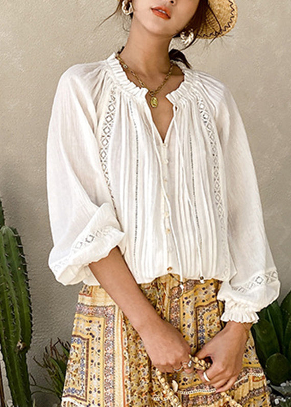Brief White V Neck Wrinkled Cotton Shirts Lantern Sleeve