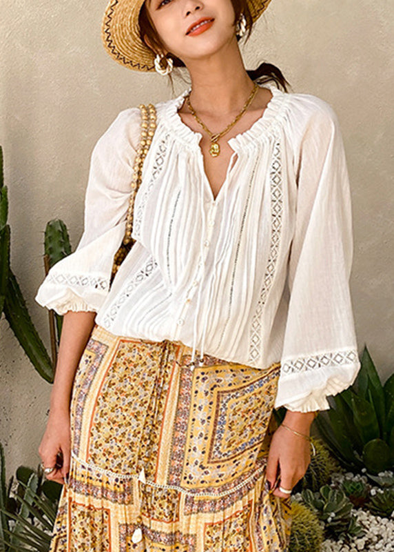 Brief White V Neck Wrinkled Cotton Shirts Lantern Sleeve