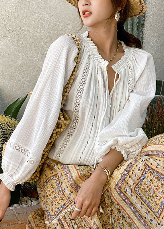 Brief White V Neck Wrinkled Cotton Shirts Lantern Sleeve