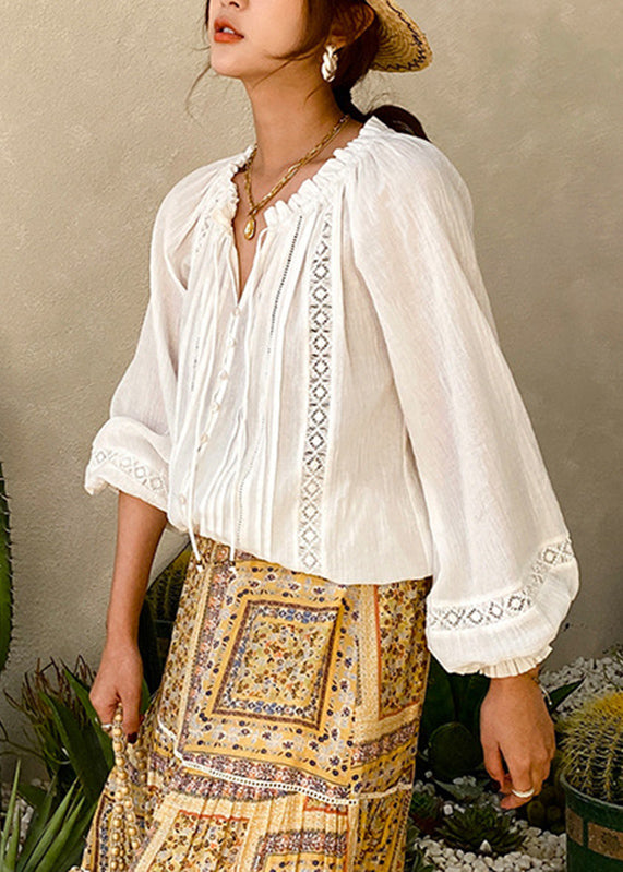 Brief White V Neck Wrinkled Cotton Shirts Lantern Sleeve