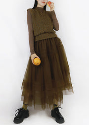 Brown Asymmetrical Tulle Patchwork Knitted Cotton Long Dresses V Neck
