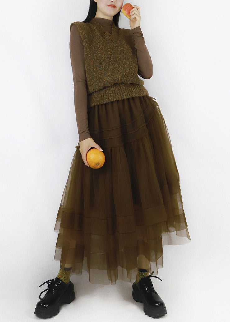 Brown Asymmetrical Tulle Patchwork Knitted Cotton Long Dresses V Neck