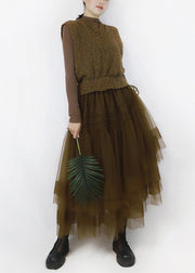 Brown Asymmetrical Tulle Patchwork Knitted Cotton Long Dresses V Neck