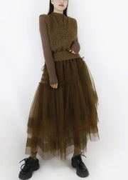 Brown Asymmetrical Tulle Patchwork Knitted Cotton Long Dresses V Neck