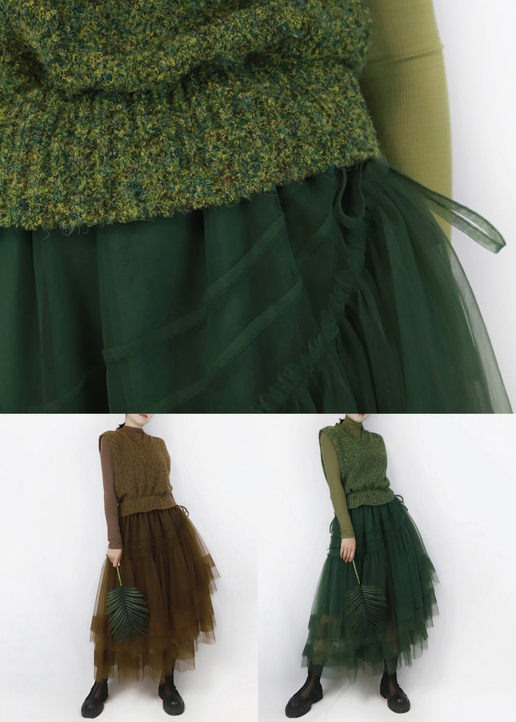 Brown Asymmetrical Tulle Patchwork Knitted Cotton Long Dresses V Neck