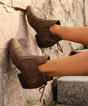 Brown Boots Chunky Faux Leather Solid Hollow Out Ankle Boots