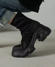 Brown Breathable Mesh Splicing Cowhide Leather Platform Boots