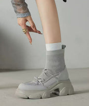 Brown Breathable Mesh Splicing Cowhide Leather Platform Boots