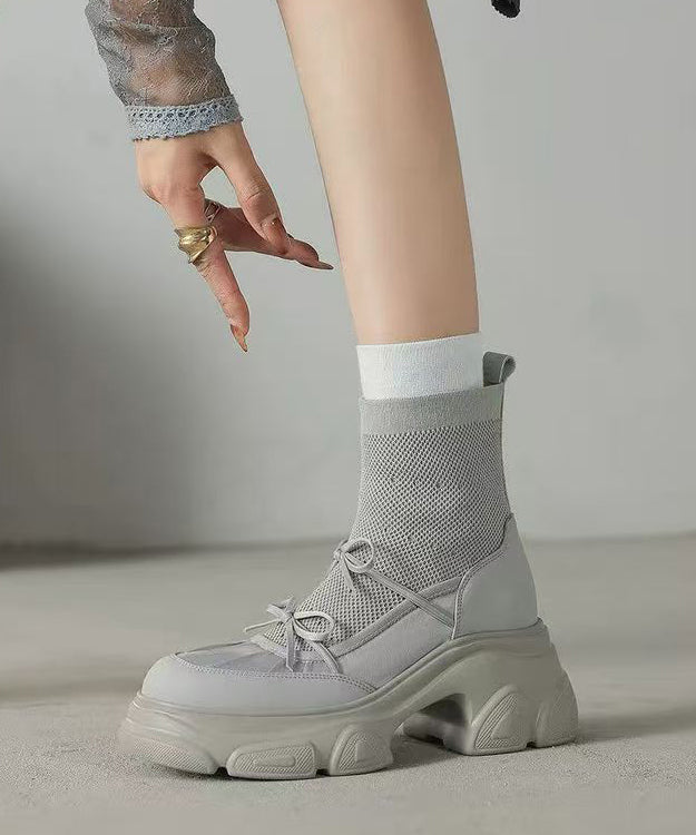 Brown Breathable Mesh Splicing Cowhide Leather Platform Boots