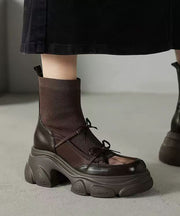 Brown Breathable Mesh Splicing Cowhide Leather Platform Boots