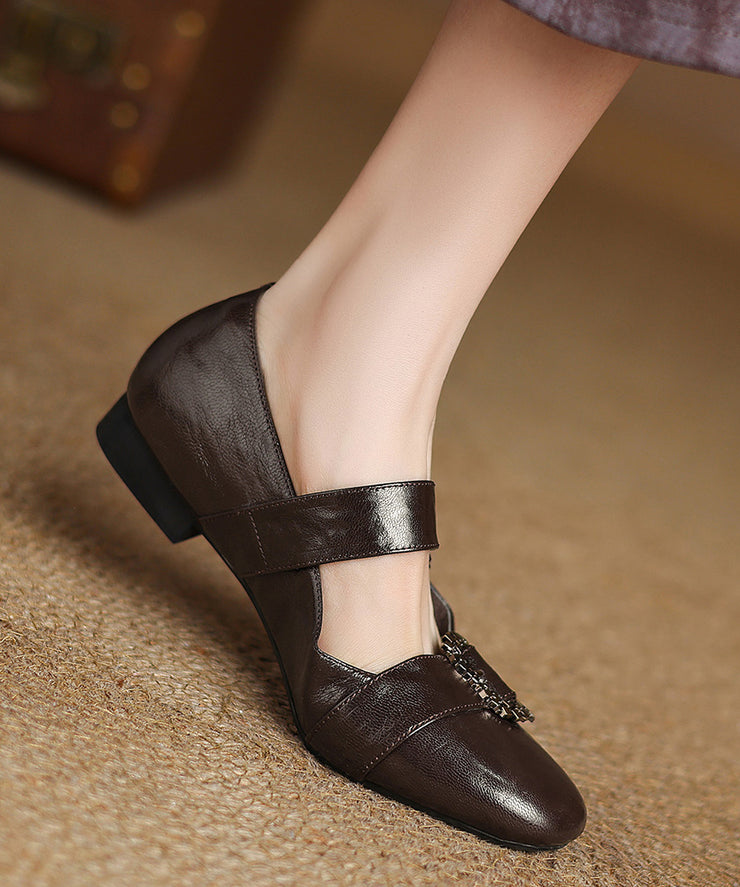Brown Buckle Strap Splicing French Sheepskin Flat Shoes