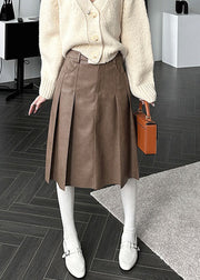 Brown Button High Waist Faux Leather Pleated Skirt Pockets