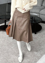 Brown Button High Waist Faux Leather Pleated Skirt Pockets