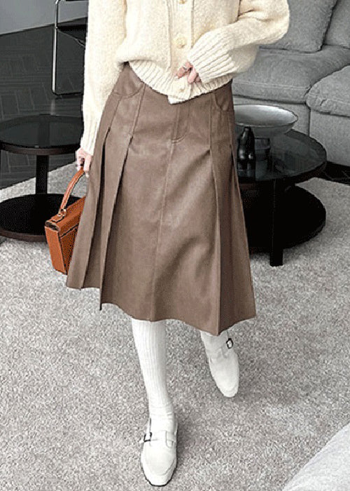 Brown Button High Waist Faux Leather Pleated Skirt Pockets