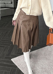 Brown Button High Waist Faux Leather Pleated Skirt Pockets