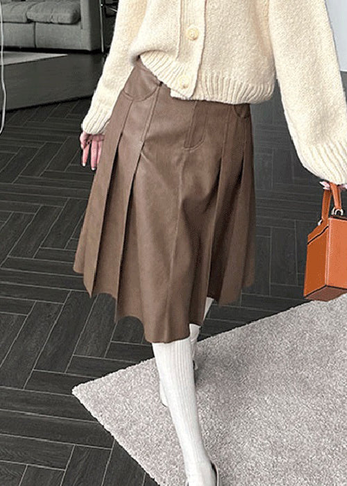 Brown Button High Waist Faux Leather Pleated Skirt Pockets