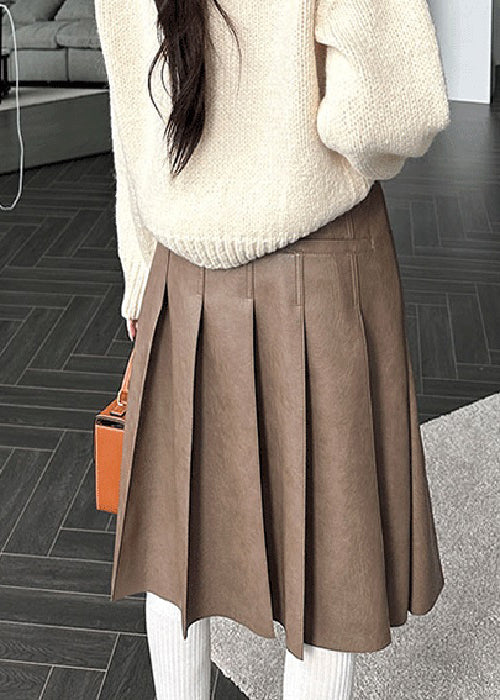 Brown Button High Waist Faux Leather Pleated Skirt Pockets