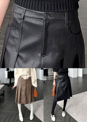 Brown Button High Waist Faux Leather Pleated Skirt Pockets