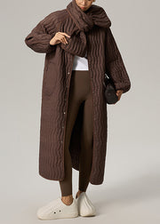 Brown Button Pockets Oversized Cotton Filled Two Pieces Set O Neck