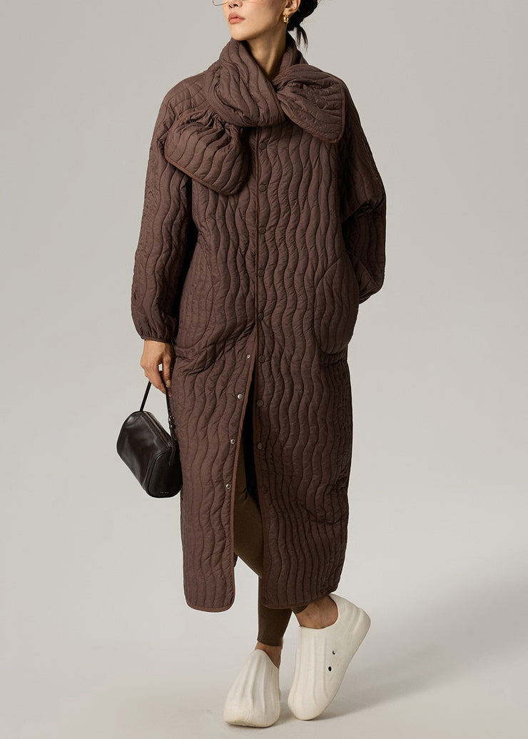 Brown Button Pockets Oversized Cotton Filled Two Pieces Set O Neck