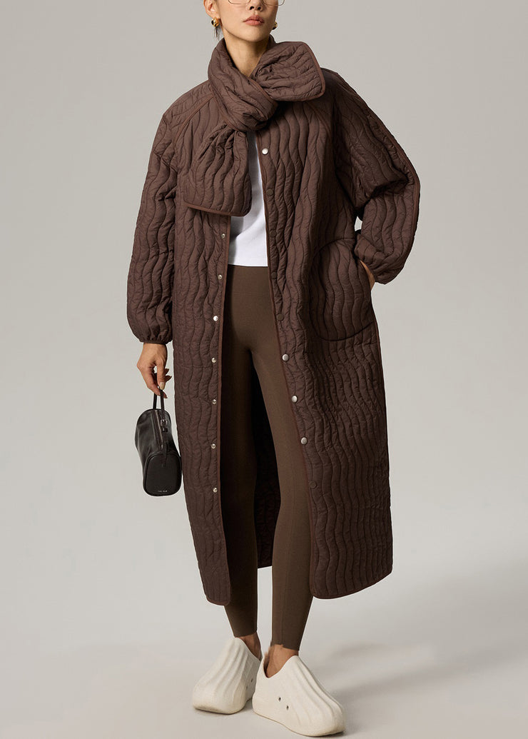 Brown Button Pockets Oversized Cotton Filled Two Pieces Set O Neck