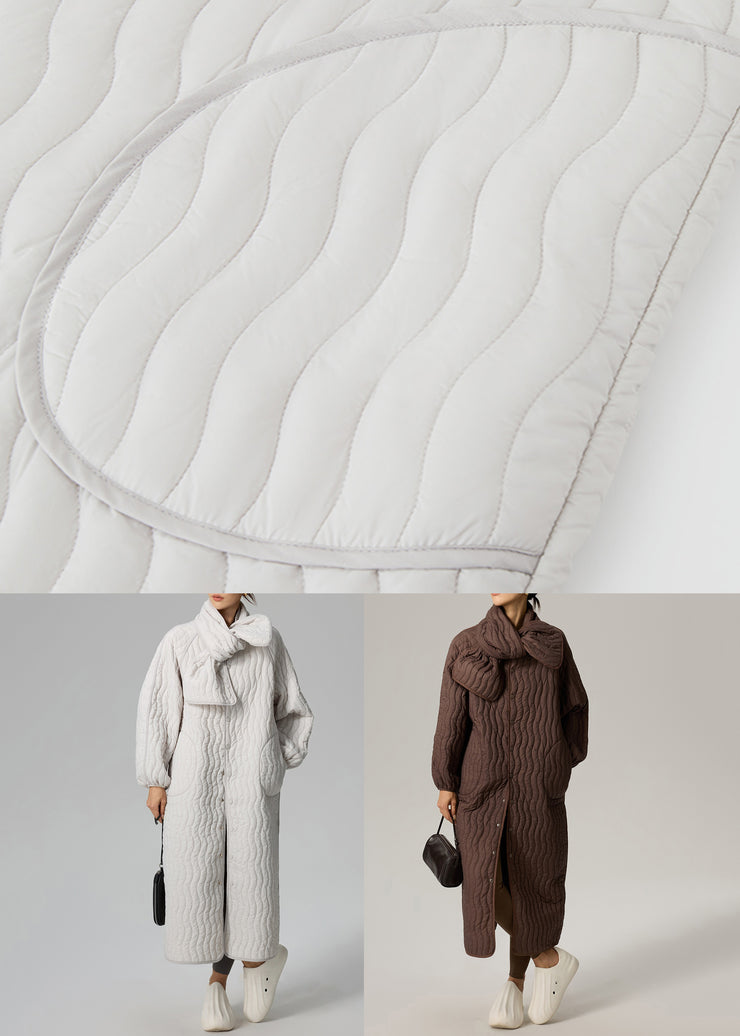 Brown Button Pockets Oversized Cotton Filled Two Pieces Set O Neck