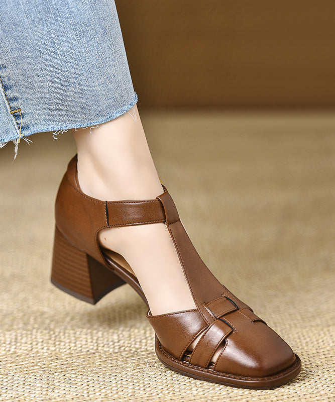 Brown Chunky Heel Cowhide Leather Fine Splicing Sandals