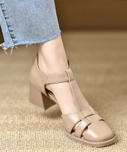 Brown Chunky Heel Cowhide Leather Fine Splicing Sandals