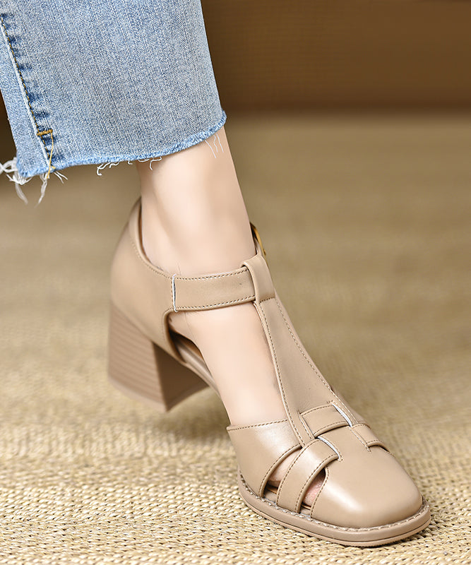 Brown Chunky Heel Cowhide Leather Fine Splicing Sandals