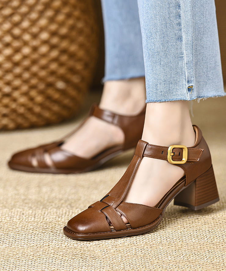 Brown Chunky Heel Cowhide Leather Fine Splicing Sandals