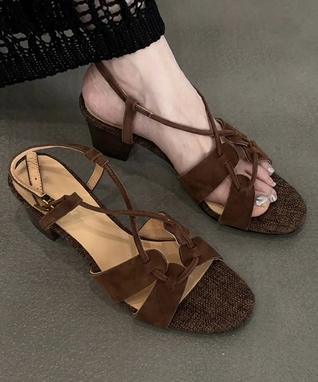 Brown Chunky Suede Cross Strap Splicing Sandals