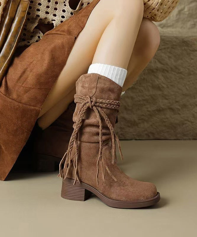 Brown Chunky Suede Women Tassel Splicing Cowboy Boots