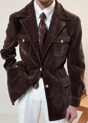Brown Cinched Button Corduroy Men Coat Notched