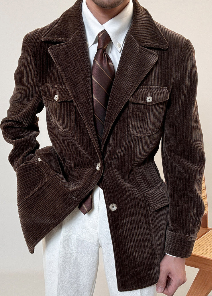 Brown Cinched Button Corduroy Men Coat Notched