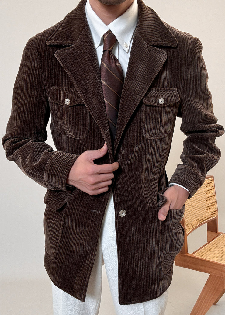 Brown Cinched Button Corduroy Men Coat Notched