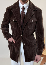 Brown Cinched Button Corduroy Men Coat Notched