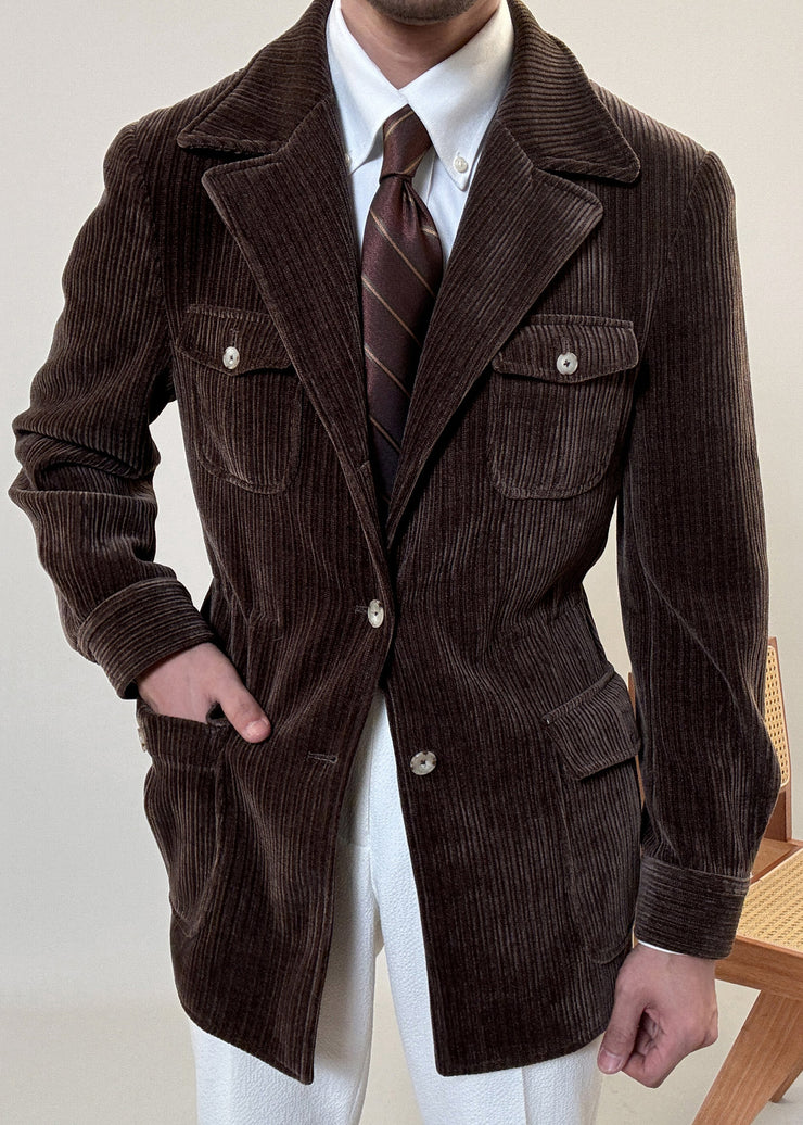 Brown Cinched Button Corduroy Men Coat Notched