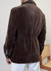 Brown Cinched Button Corduroy Men Coat Notched