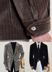Brown Cinched Button Corduroy Men Coat Notched