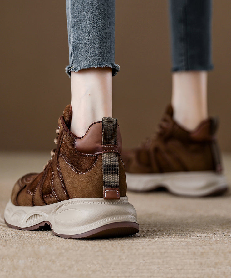 Brown Comfy Women Lace Up Splicing Platform Flats