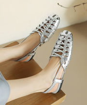 Brown Cowhide Leather Flat Sandals Splicing Hollow Out Breathable